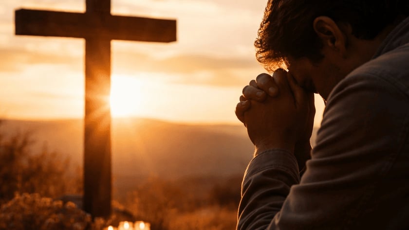 Homem de mãos postas e cabeça baixa diante de uma cruz de madeira, com velas.