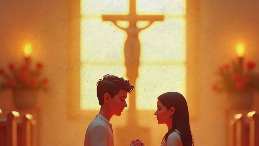 Jovem e mulher ajoelhados de mãos dadas, de olhos fechados, diante de um crucifixo em uma igreja.