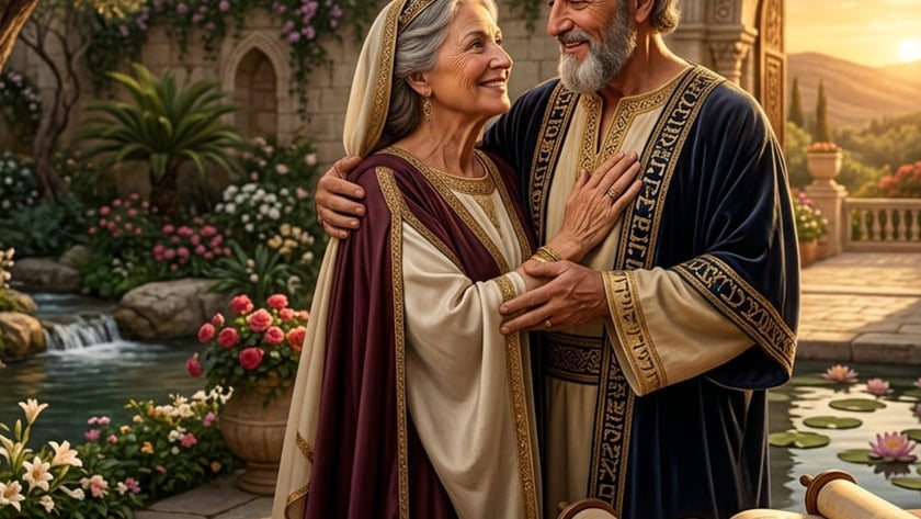 Casal de idosos com vestes antigas se abraça em um jardim florido ao pôr do sol.