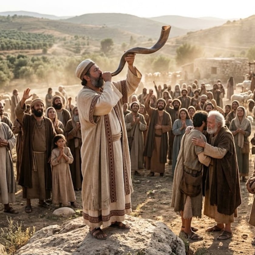Homem de barba sopra um shofar sobre uma pedra, diante de uma multidão em colina.