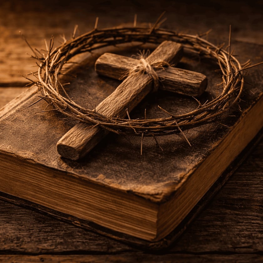 Cruz de madeira e coroa de espinhos sobre um livro antigo de capa de couro.