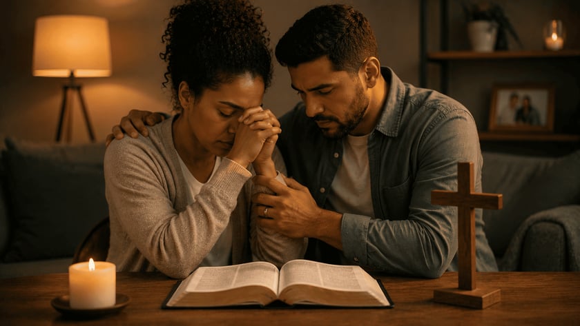 Casal sentado à mesa com as cabeças baixas, mãos unidas, diante de uma Bíblia aberta e uma vela.