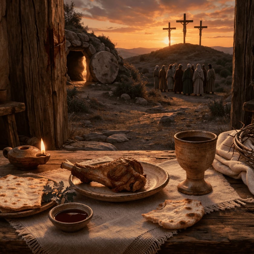 Mesa com cordeiro assado, pães e cálice; ao fundo, três cruzes, túmulo aberto e mulheres.