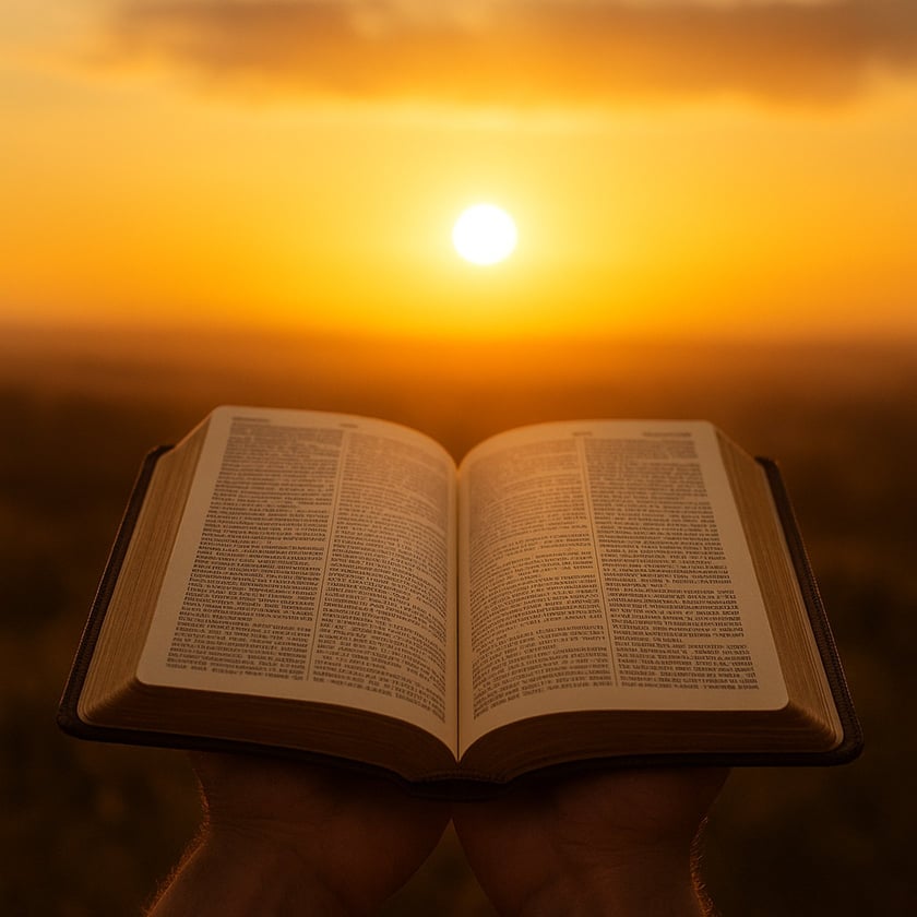 Duas mãos seguram uma Bíblia aberta diante do sol se pondo no horizonte.