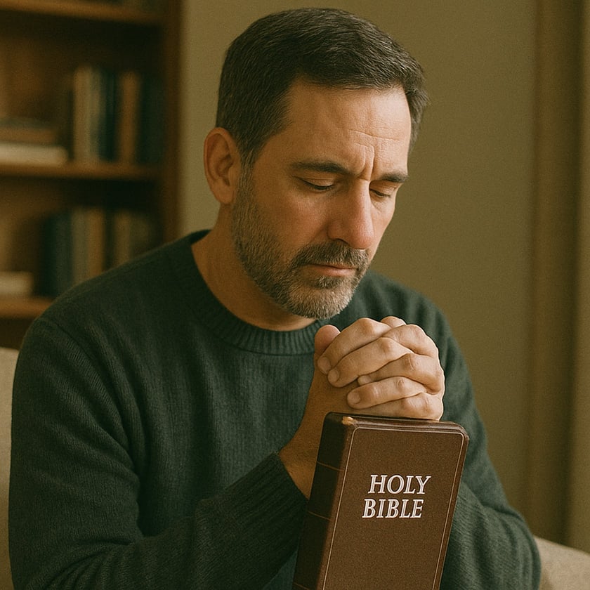Homem de barba com as mãos unidas sobre uma Bíblia, olhos fechados, em casa: "HOLY BIBLE"