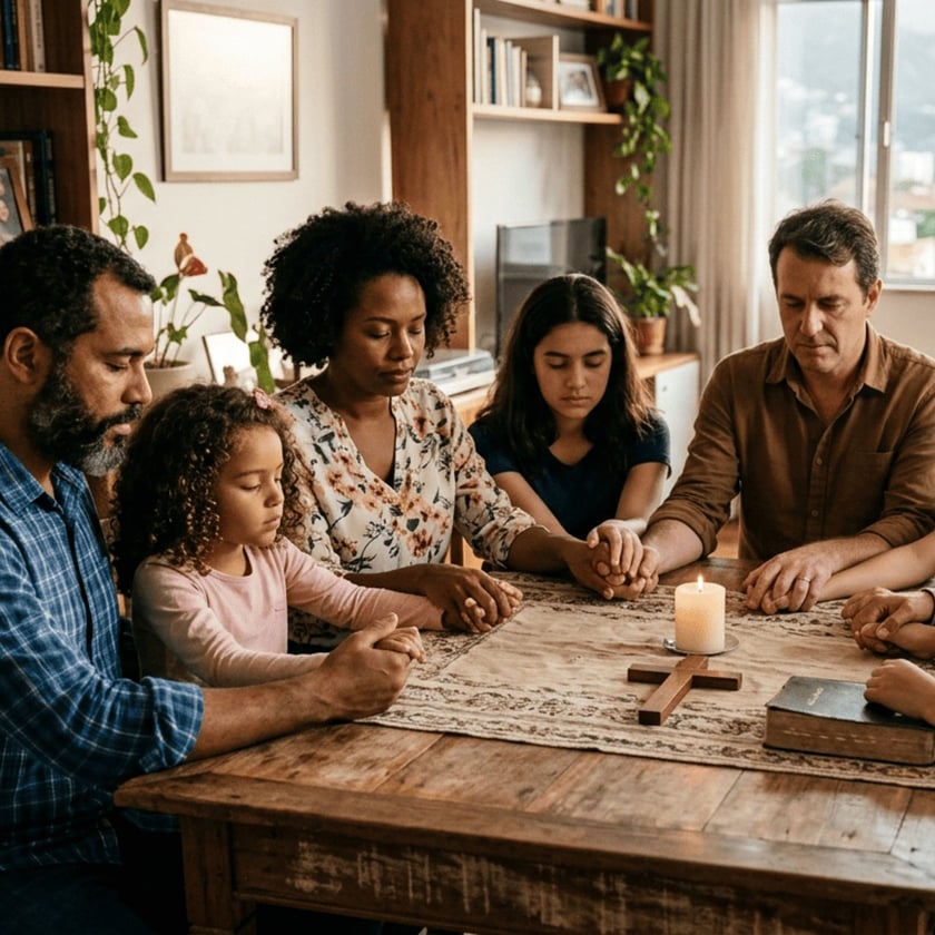 Família de mãos dadas e olhos fechados reza ao redor de uma mesa com vela, cruz e Bíblia.