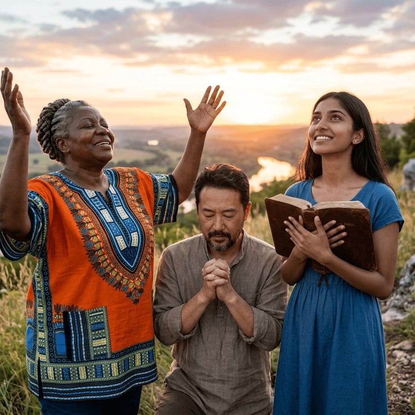 Três pessoas rezam ao pôr do sol em um morro: uma de braços erguidos, um ajoelhado, uma com Bíblia.