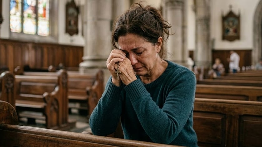 Mulher de suéter azul segura um terço junto ao rosto, sentada num banco de igreja.