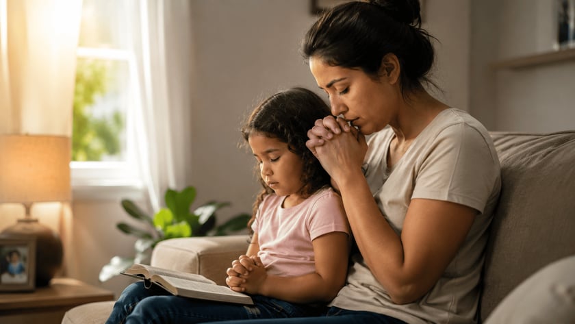 Mulher e menina de olhos fechados e mãos juntas, rezando no sofá com uma Bíblia aberta.