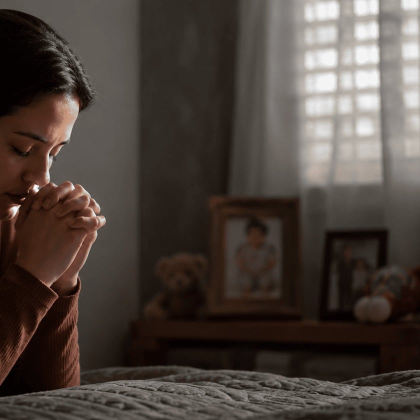 Mulher de olhos fechados e mãos postas, ajoelhada ao lado de uma cama no quarto.