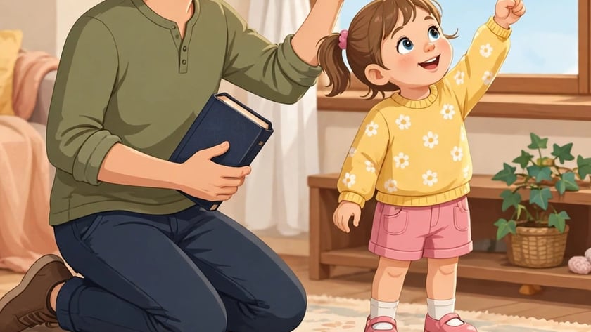 Pai ajoelhado com um livro e menina apontando para o céu pela janela.