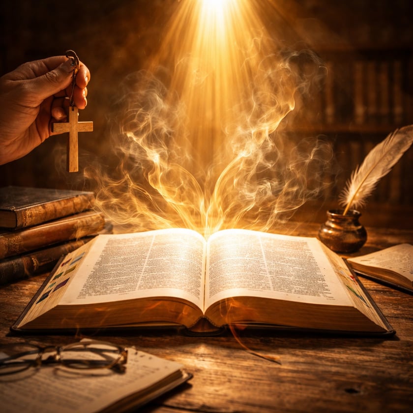 Mão segura uma cruz de madeira sobre uma bíblia aberta, com fumaça dourada e livros ao redor.