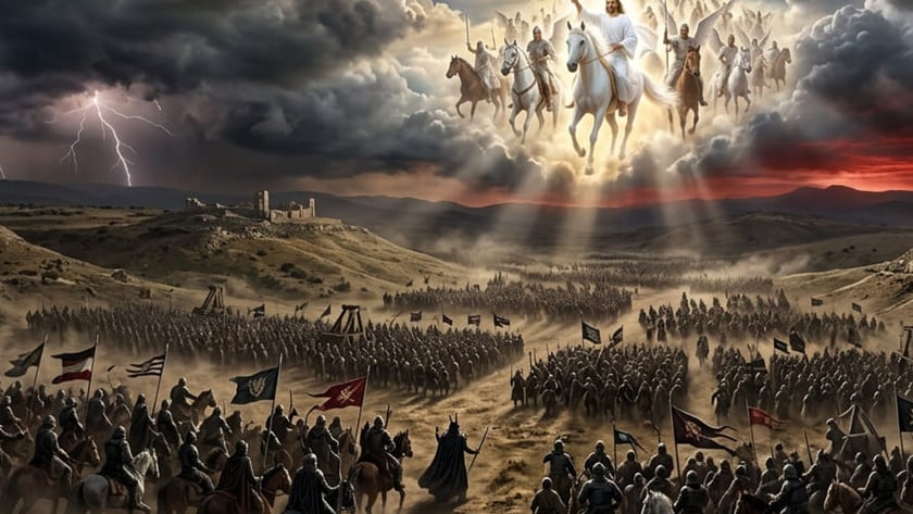 Figura de branco num cavalo branco desce das nuvens com cavaleiros sobre exército em campo