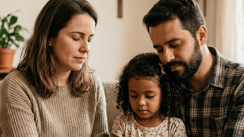 Mulher, homem e menina sentados no sofá, de olhos fechados, com as mãos unidas.