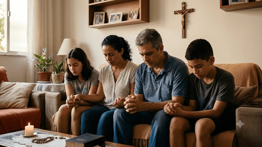 Família de quatro pessoas sentada no sofá, de mãos dadas e cabeças baixas, rezando na sala.