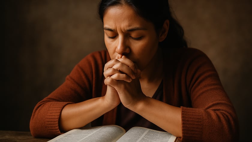 Mulher de cardigã marrom, de olhos fechados e mãos unidas, ora diante de uma Bíblia aberta.