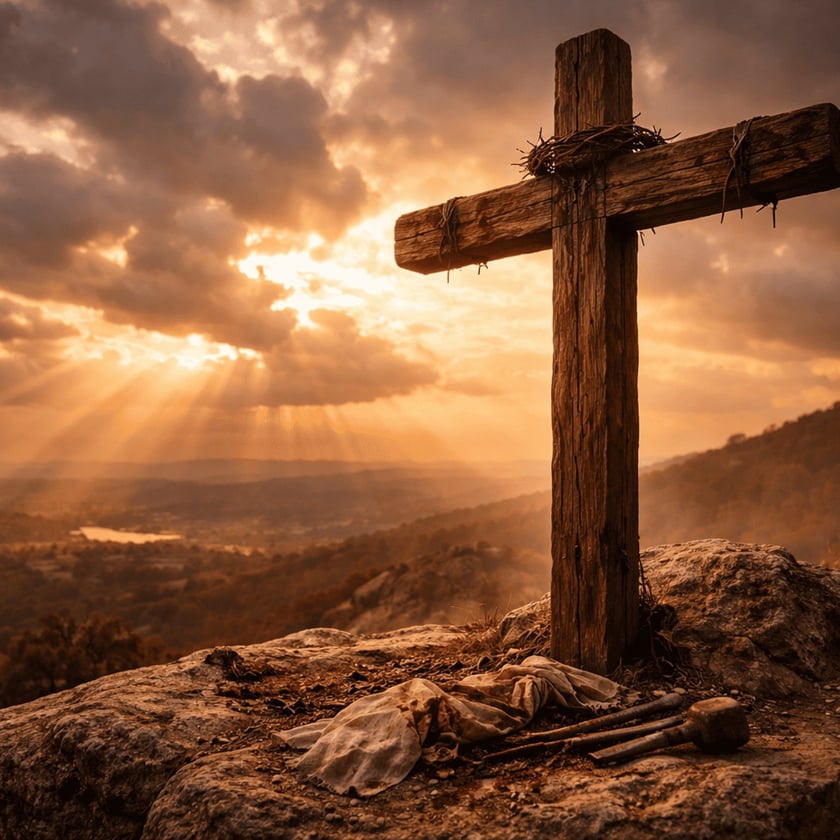 Cruz de madeira com coroa de espinhos no topo de um morro, com pano e ferramentas ao pé.