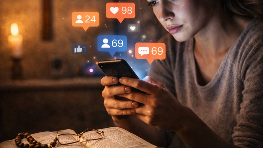 Mulher olha o celular, com ícones de curtidas e comentários flutuando