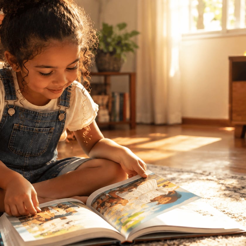 Menina de cabelo cacheado sentada no chão folheia um livro ilustrado aberto em uma sala.
