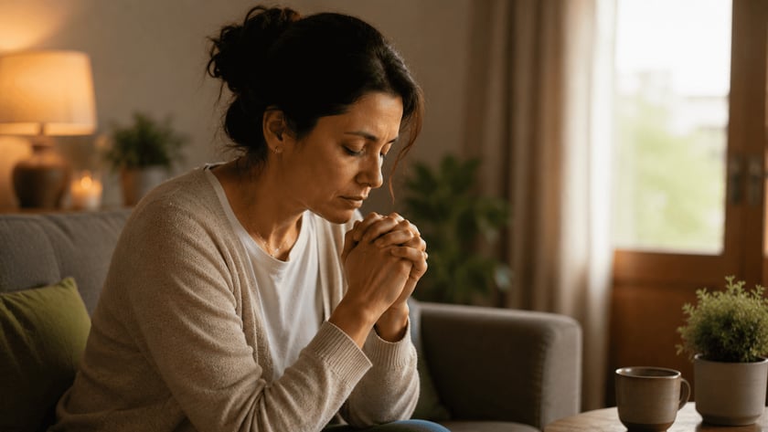 Mulher de olhos fechados e mãos unidas, sentada em um sofá na sala.
