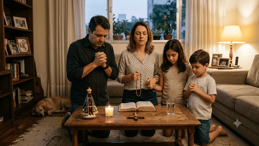 Família de quatro pessoas ajoelhada reza ao redor de mesa com Bíblia, vela e crucifixo.