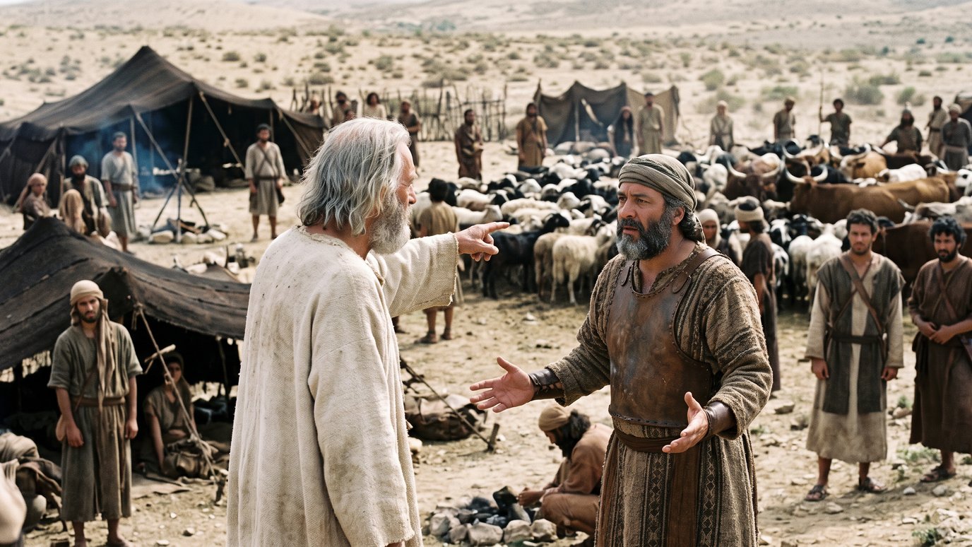 Dois homens barbados discutem num acampamento no deserto, com tendas e rebanhos ao fundo.