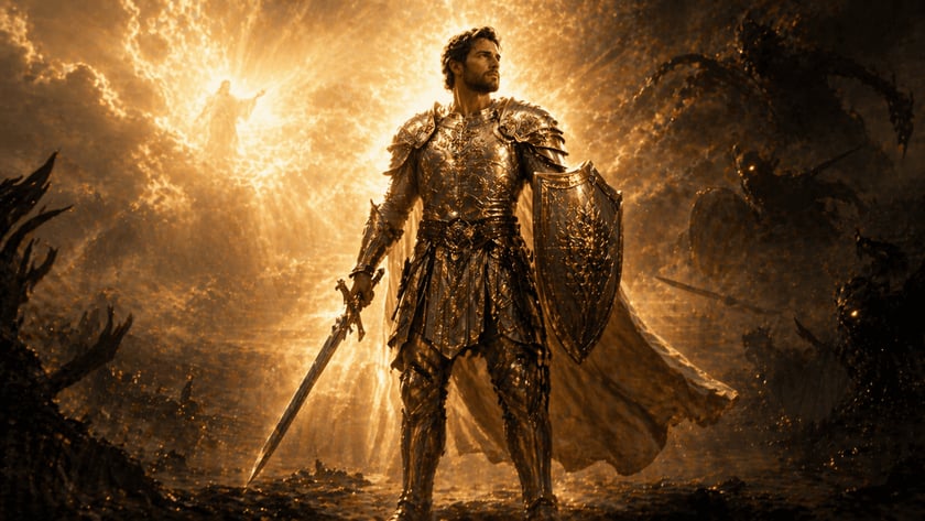 Guerreiro de armadura dourada segura espada e escudo