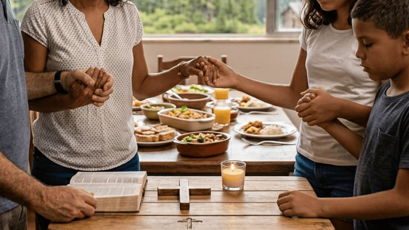 Família de quatro pessoas de mãos dadas rezando ao redor de uma mesa com comida.