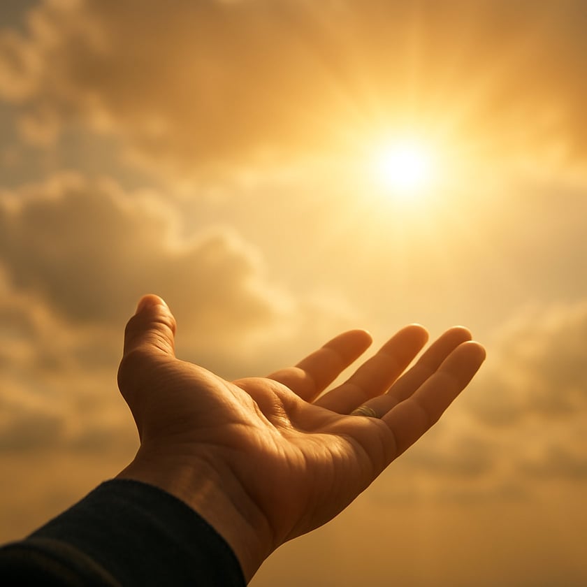 Mão aberta com a palma para cima, estendida em direção ao sol entre nuvens.