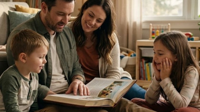 Família sentada no tapete da sala, olhando juntos um livro grande aberto.