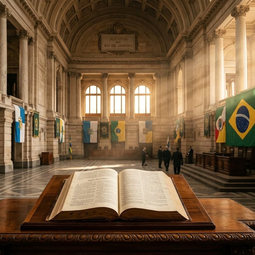 Salão amplo de tribunal com bandeiras e um livro aberto sobre um atril: "JUSTITIA DO RIO DE JANEIRO"