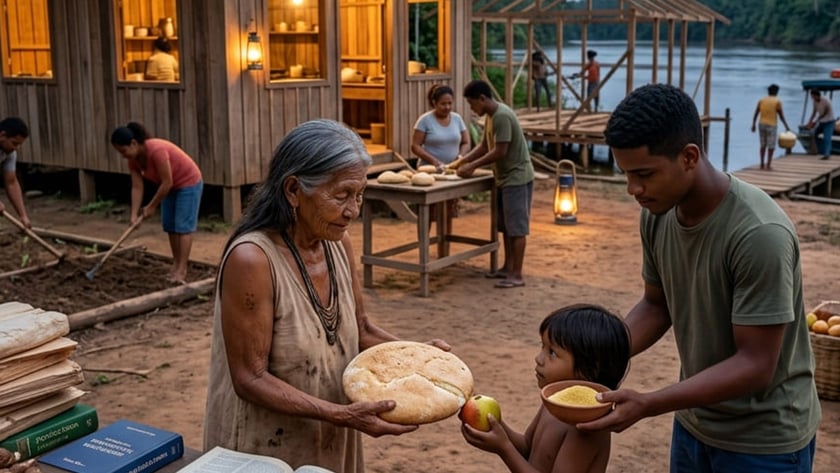 Idosa entrega pão a uma criança diante de casas de madeira à beira do rio.