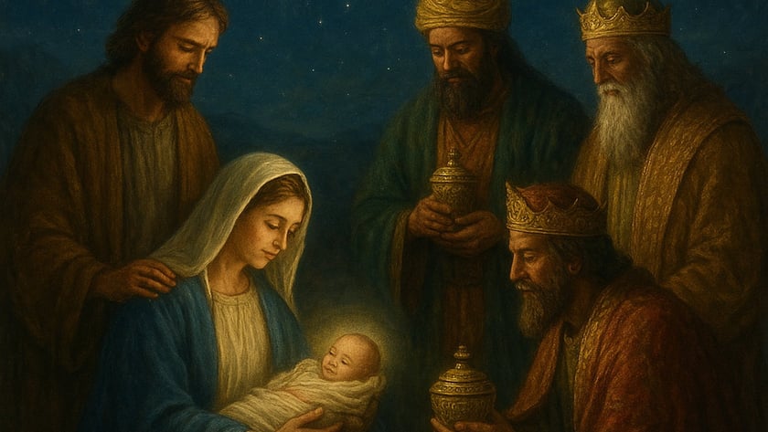 Família ao redor de um bebê envolto em panos, visitada por três reis com presentes.