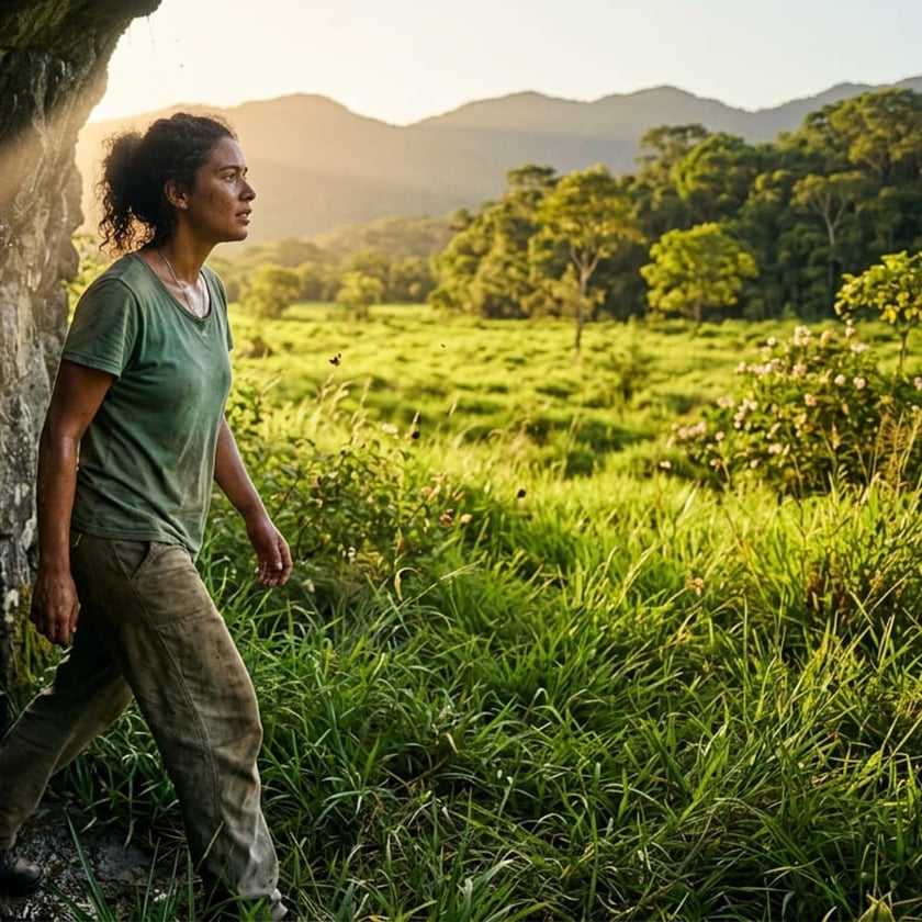 Mulher de camiseta verde e calça suja sai de uma gruta rumo a um campo verde.