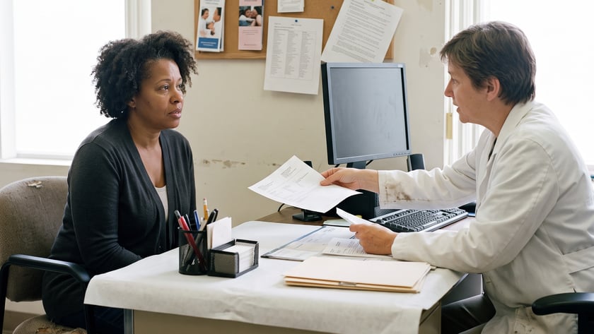 Médica de jaleco branco conversa com paciente sentada diante de papéis, em um consultório.