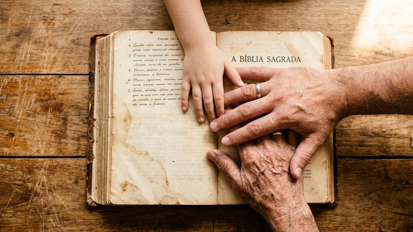 Mão de criança e mãos de adultos sobre uma Bíblia antiga aberta: "A Bíblia Sagrada"