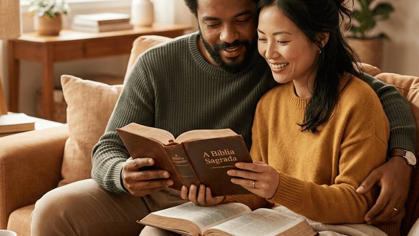 Casal no sofá lendo juntos um livro: "A Bíblia Sagrada".