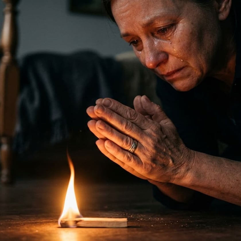 Mulher de mãos juntas e com lágrimas no rosto olha um palito de fósforo aceso.