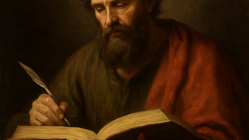 Homem barbudo com auréola escreve com pena em um grande livro aberto.