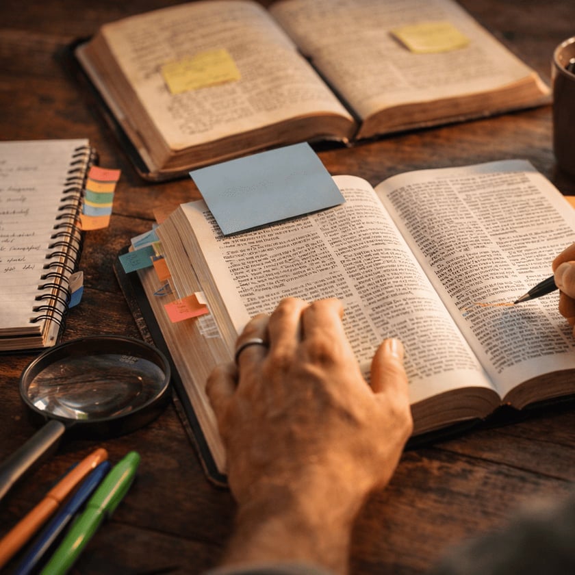 Mão de uma pessoa sobre livro aberto, com caneta, cadernos, lupa e post-its na mesa.