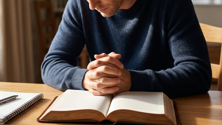 Homem de suéter azul com as mãos unidas e cabeça baixa diante de livro aberto.
