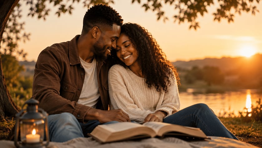 Casal sorridente sentado em uma manta, com um livro aberto, junto a um lago.