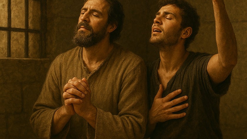 Dois homens ajoelhados em uma cela com grade, um com as mãos unidas e outro com o braço erguido.