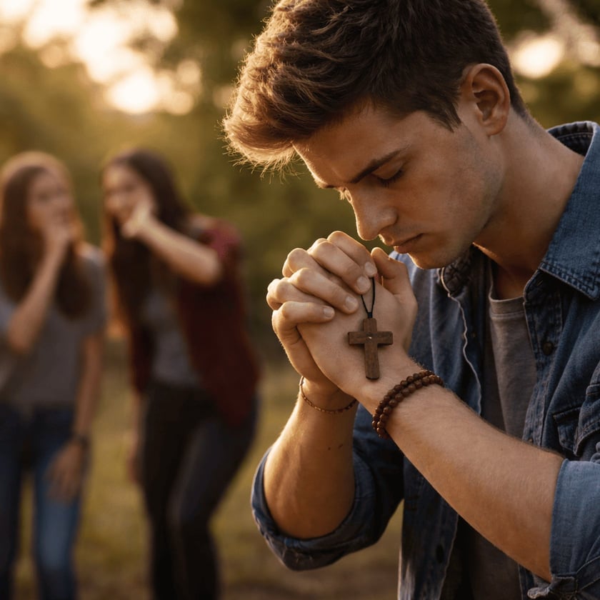 Jovem de olhos fechados reza com um crucifixo de madeira entre as mãos