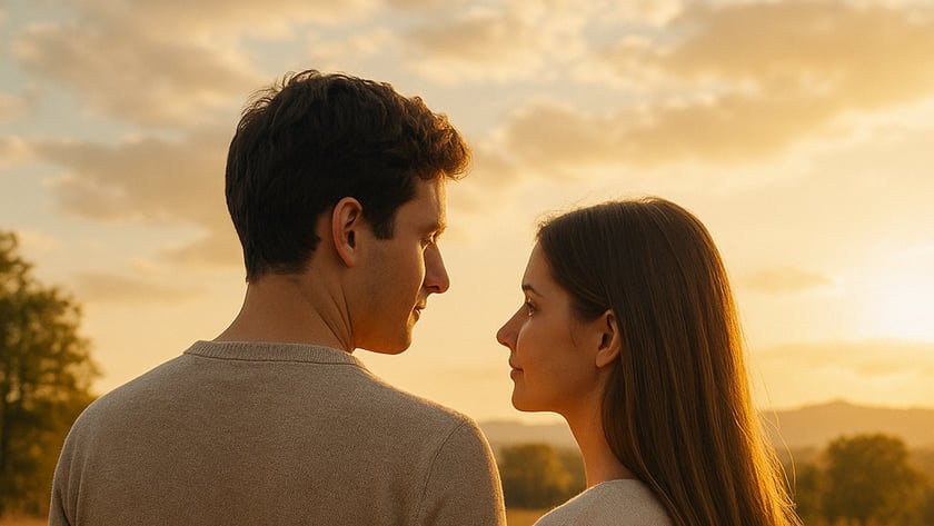 Homem e mulher de suéteres bege se olham em um campo ao pôr do sol.