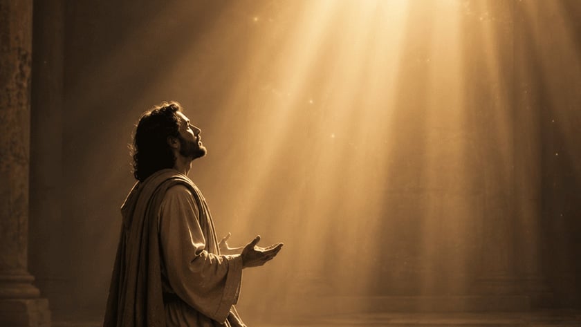 Homem de barba e manto ajoelhado, com as mãos abertas, olha para um feixe de luz.