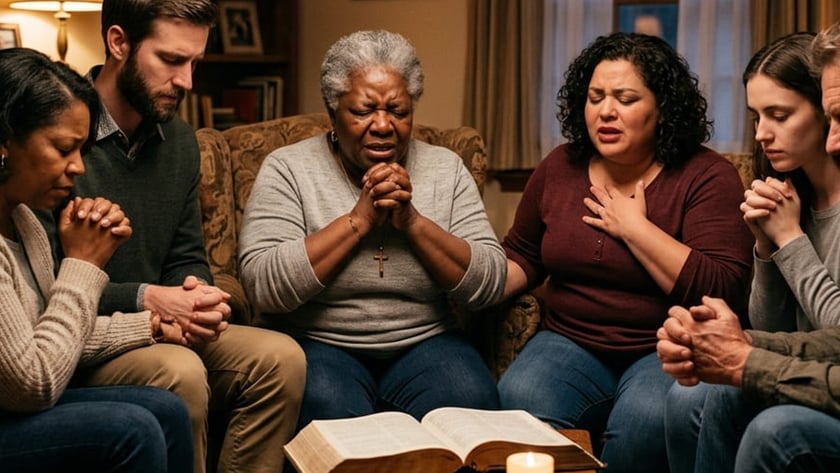 Cinco pessoas rezam de mãos postas numa sala, com uma Bíblia aberta e uma vela à frente.