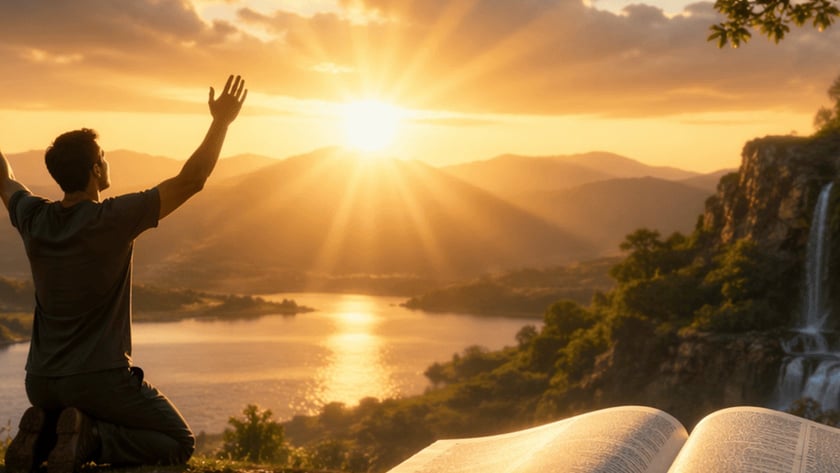Homem ajoelhado com um braço erguido diante do pôr do sol, perto de uma Bíblia aberta.