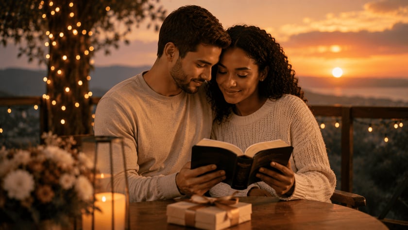 Casal de suéteres claros lê um livro juntos à mesa ao pôr do sol.