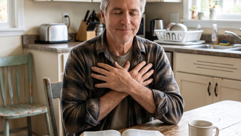 Homem de olhos fechados e mãos cruzadas, à mesa da cozinha, com uma Bíblia aberta.